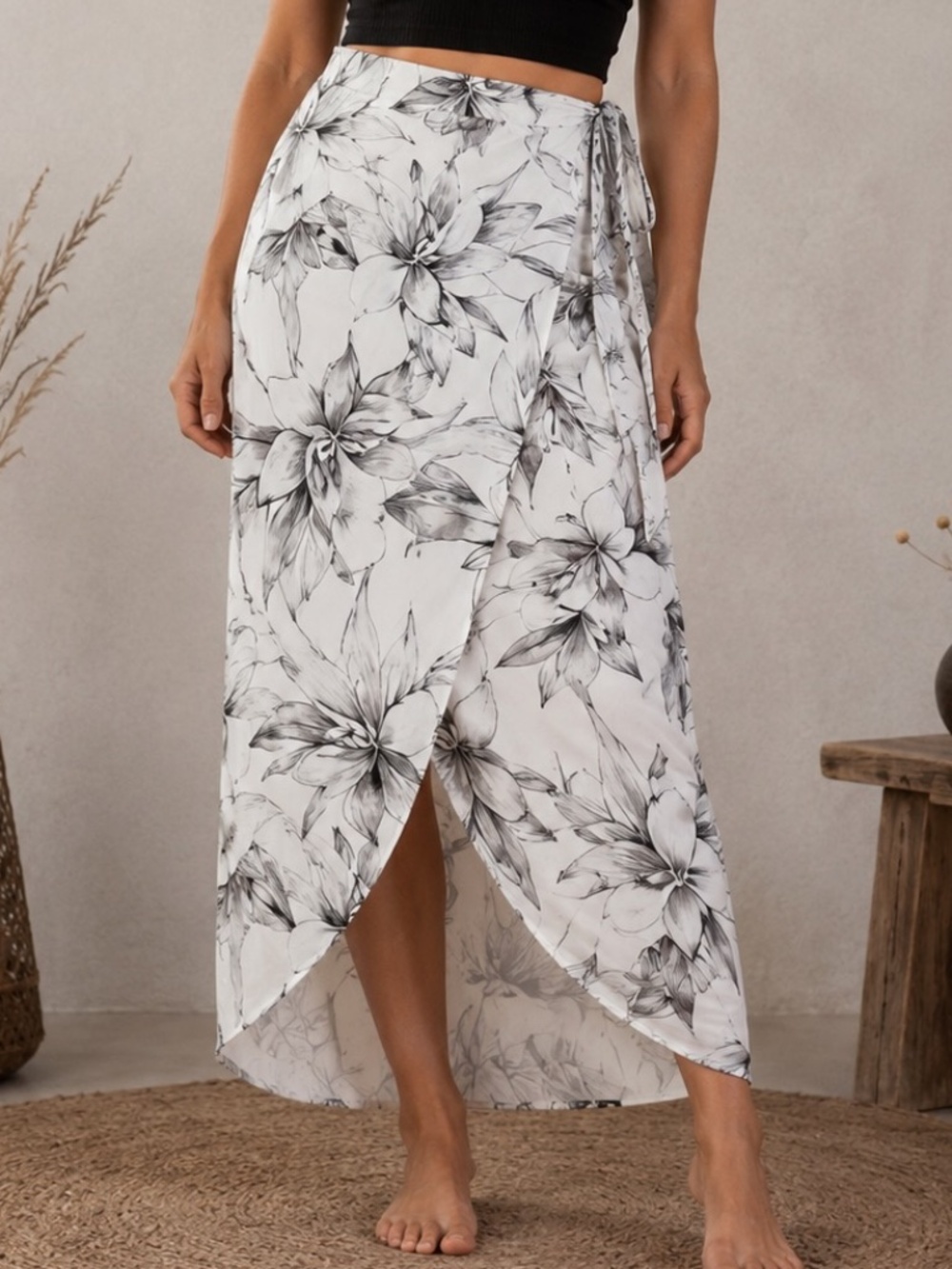 Dynamite Wrap Skirt Womens Size XS White Floral Quiet Luxury Midi Cottagecore